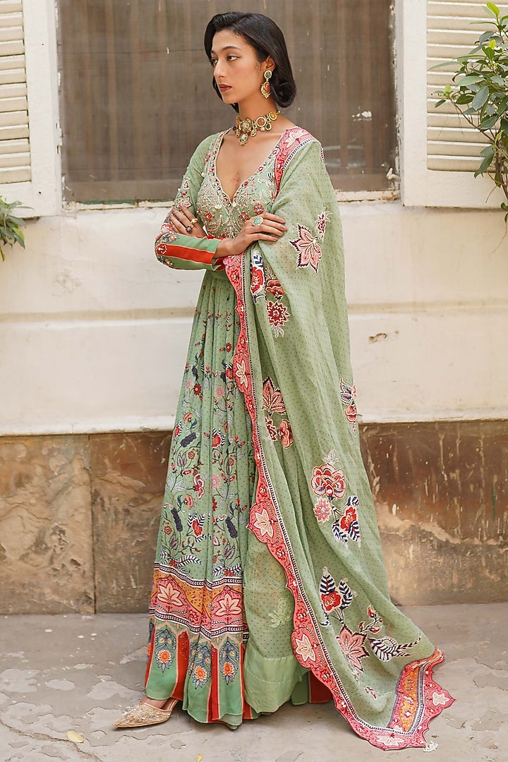 Pista Green Georgette Floral Jaal Printed Wedding Anarkali Set by Aditi Gupta at Pernia's Pop Up Shop