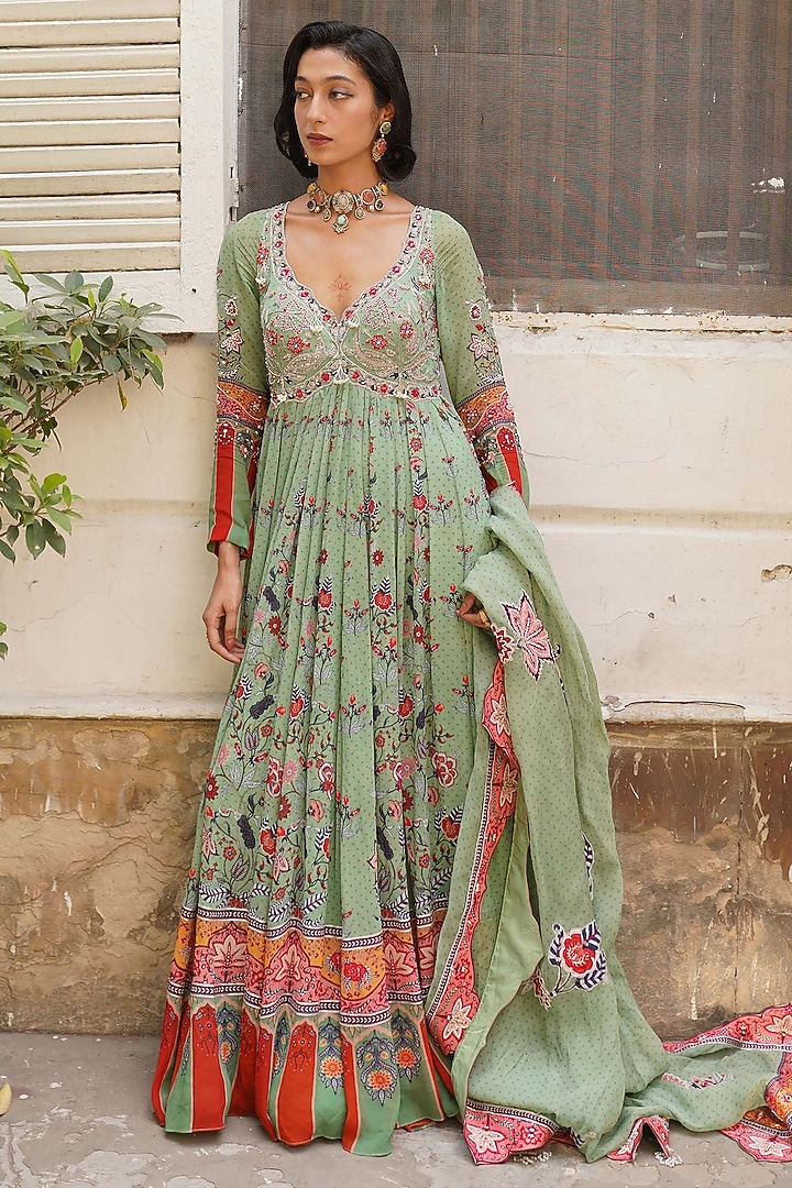 Pista Green Georgette Floral Jaal Printed Wedding Anarkali Set by Aditi Gupta at Pernia's Pop Up Shop