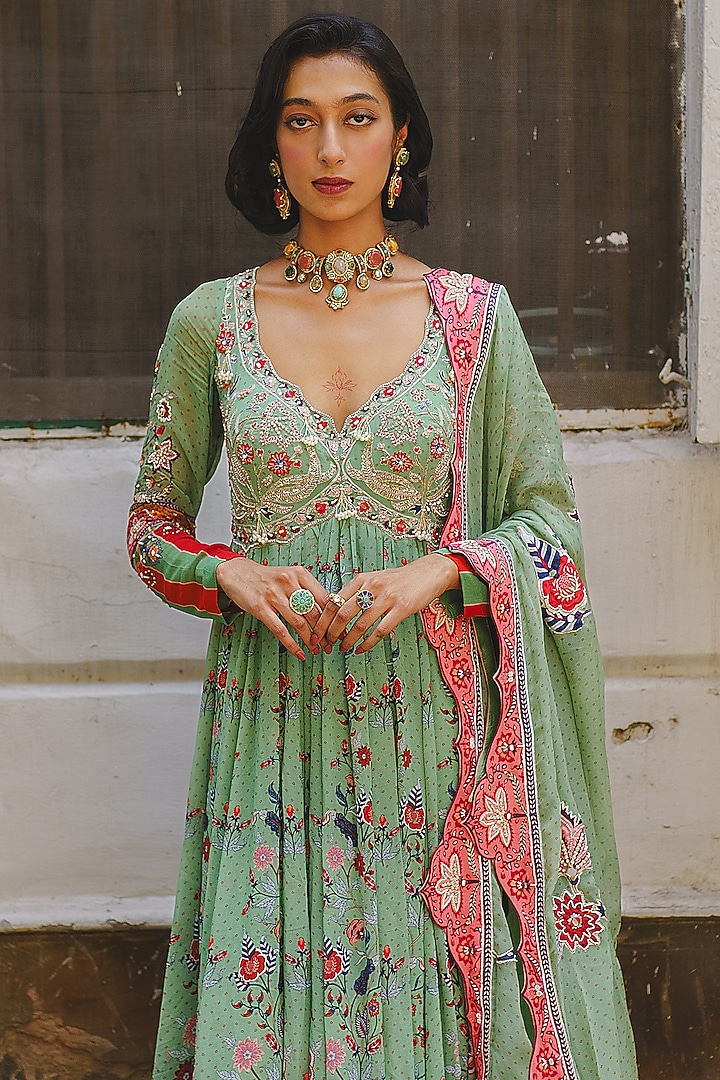 Pista Green Georgette Floral Jaal Printed Wedding Anarkali Set by Aditi Gupta at Pernia's Pop Up Shop