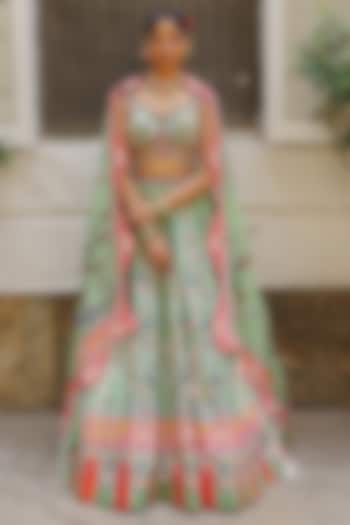 Pista Green Silk Bandhani Printed & Embroidered Bridal Lehenga Set by Aditi Gupta at Pernia's Pop Up Shop