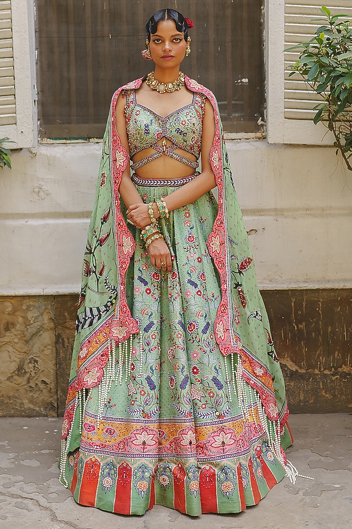 Pista Green Silk Bandhani Printed & Embroidered Bridal Lehenga Set by Aditi Gupta at Pernia's Pop Up Shop