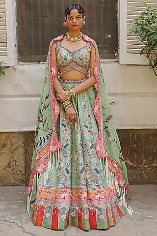 Pista Green Silk Bandhani Printed & Embroidered Lehenga Set by Aditi Gupta