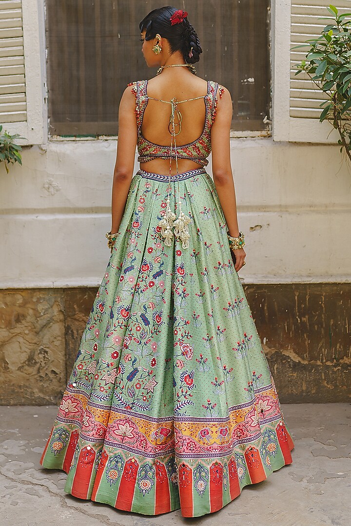 Pista Green Silk Bandhani Printed & Embroidered Bridal Lehenga Set by Aditi Gupta at Pernia's Pop Up Shop