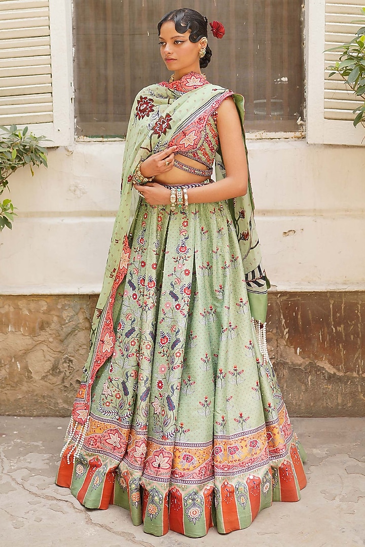 Pista Green Silk Bandhani Printed & Embroidered Bridal Lehenga Set by Aditi Gupta at Pernia's Pop Up Shop