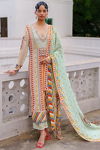 Pista Green Georgette Bandhani Printed Straight Kurta Set by Aditi Gupta