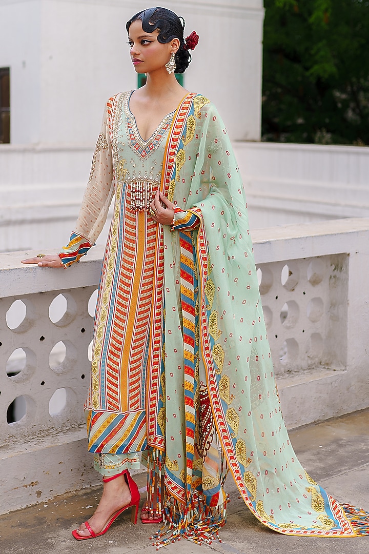 Pista Green Georgette Bandhani Printed Straight Kurta Set by Aditi Gupta at Pernia's Pop Up Shop