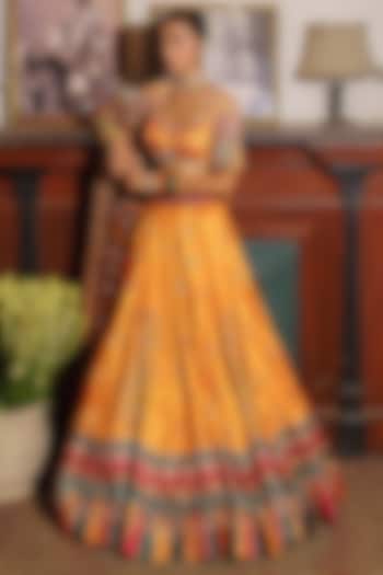 Mustard Yellow Paper Silk Bandhani Printed Bridal Lehenga Set by Aditi Gupta at Pernia's Pop Up Shop