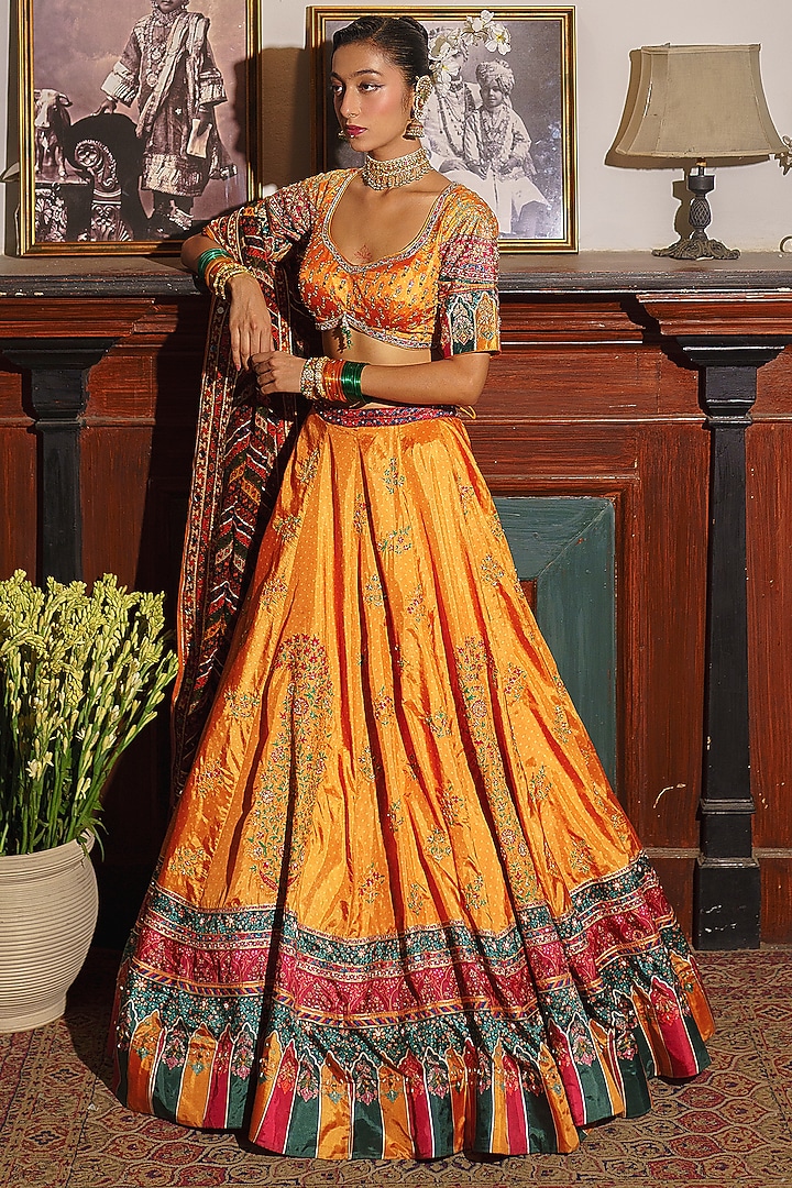 Mustard Yellow Paper Silk Bandhani Printed Bridal Lehenga Set by Aditi Gupta at Pernia's Pop Up Shop