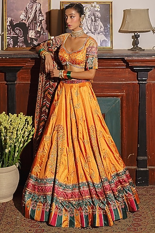 Mustard Yellow Paper Silk Bandhani Printed Lehenga Set by Aditi Gupta