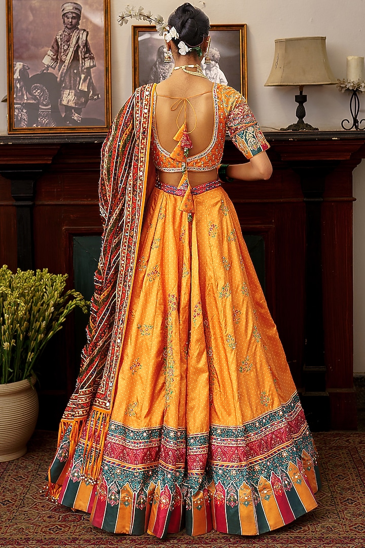 Mustard Yellow Paper Silk Bandhani Printed Bridal Lehenga Set by Aditi Gupta at Pernia's Pop Up Shop
