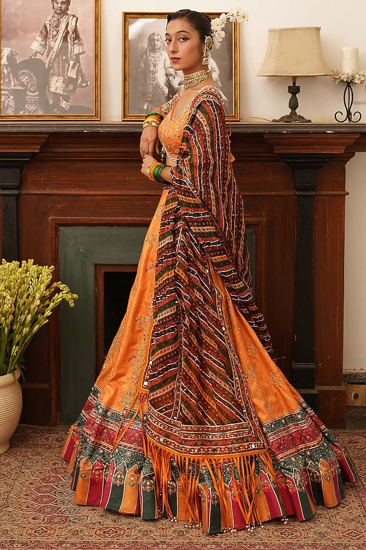 Mustard Yellow Paper Silk Bandhani Printed Bridal Lehenga Set by Aditi Gupta at Pernia's Pop Up Shop