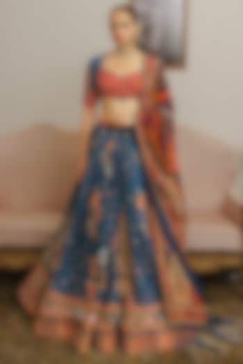 Dark Teal Raw Silk Paisley Motif Printed Bridal Lehenga Set by Aditi Gupta at Pernia's Pop Up Shop