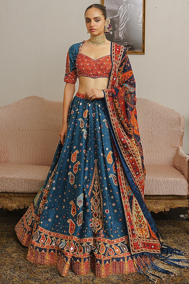 Dark Teal Raw Silk Paisley Motif Printed Bridal Lehenga Set by Aditi Gupta at Pernia's Pop Up Shop