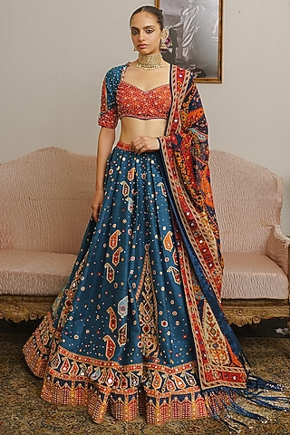 Dark Teal Raw Silk Paisley Motif Printed Lehenga Set by Aditi Gupta