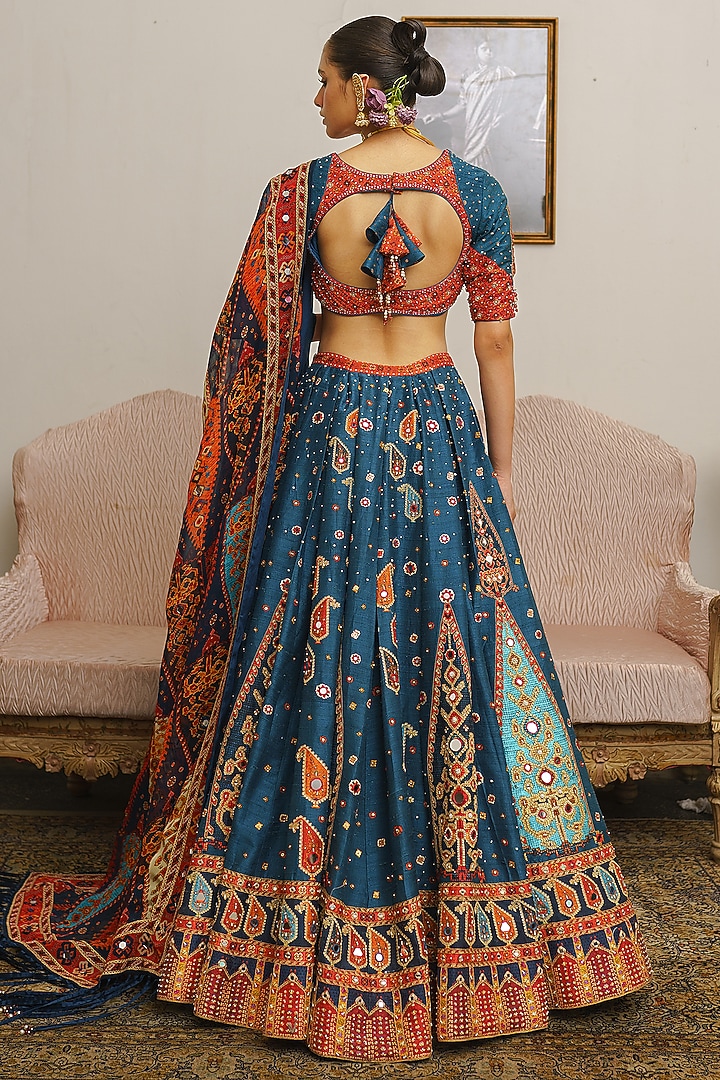 Dark Teal Raw Silk Paisley Motif Printed Bridal Lehenga Set by Aditi Gupta at Pernia's Pop Up Shop