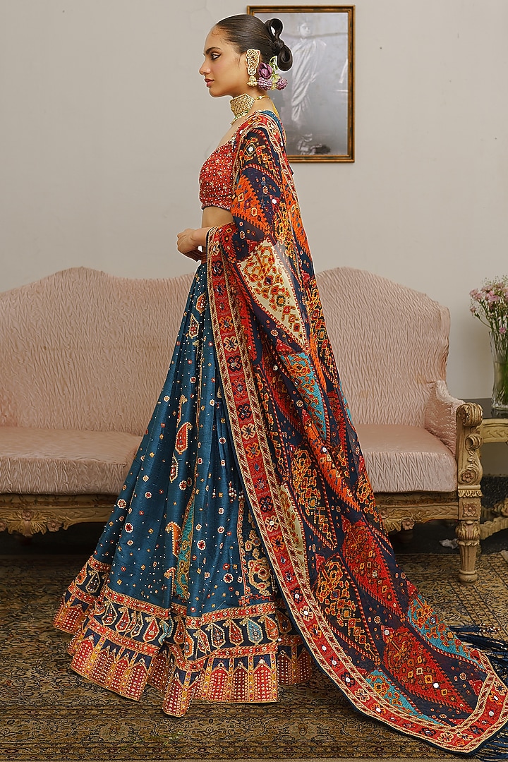 Dark Teal Raw Silk Paisley Motif Printed Bridal Lehenga Set by Aditi Gupta at Pernia's Pop Up Shop