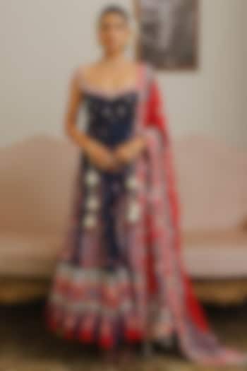 Navy Blue Georgette Bandhani Printed Wedding Anarkali Set by Aditi Gupta at Pernia's Pop Up Shop