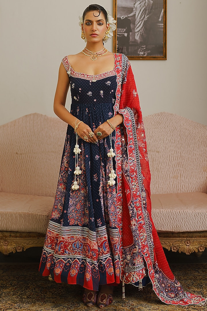 Navy Blue Georgette Bandhani Printed Wedding Anarkali Set by Aditi Gupta at Pernia's Pop Up Shop