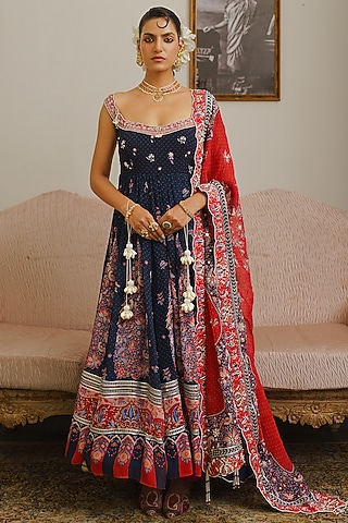 Navy Blue Georgette Bandhani Printed Anarkali Set by Aditi Gupta