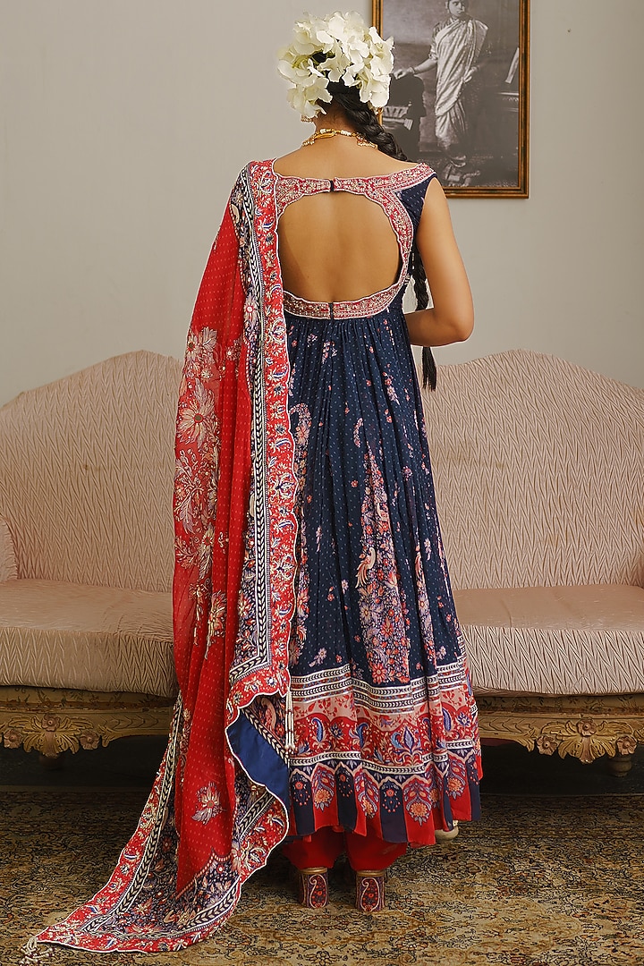 Navy Blue Georgette Bandhani Printed Wedding Anarkali Set by Aditi Gupta at Pernia's Pop Up Shop