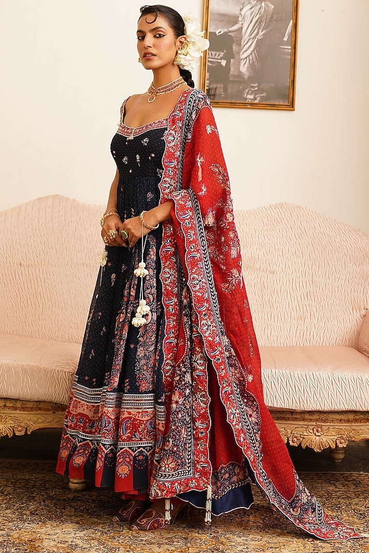 Navy Blue Georgette Bandhani Printed Wedding Anarkali Set by Aditi Gupta at Pernia's Pop Up Shop
