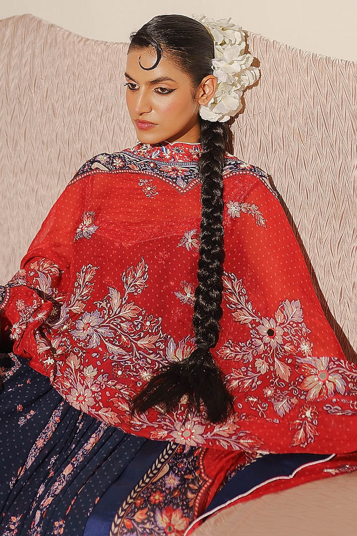 Navy Blue Georgette Bandhani Printed Wedding Anarkali Set by Aditi Gupta at Pernia's Pop Up Shop