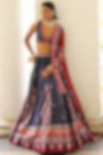 Navy Blue Silk Bandhani Printed Bridal Lehenga Set by Aditi Gupta at Pernia's Pop Up Shop
