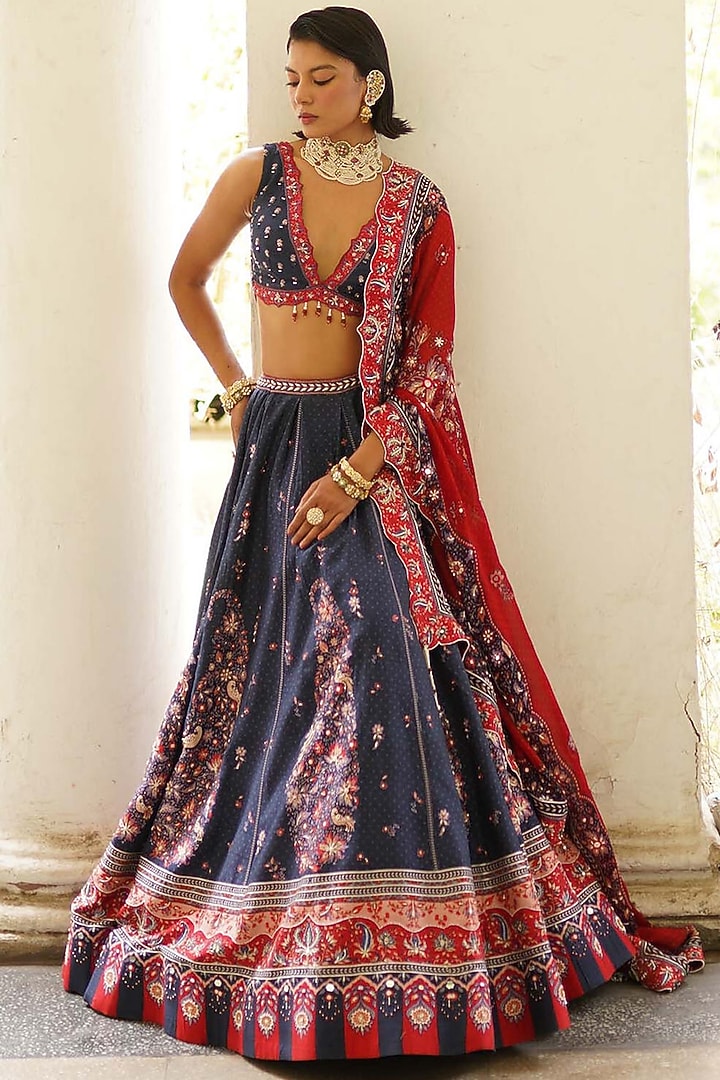 Navy Blue Silk Bandhani Printed Bridal Lehenga Set by Aditi Gupta at Pernia's Pop Up Shop