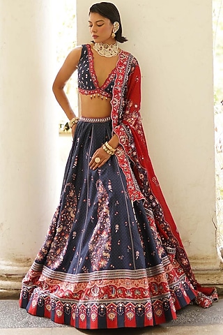 Navy Blue Silk Bandhani Printed Lehenga Set by Aditi Gupta
