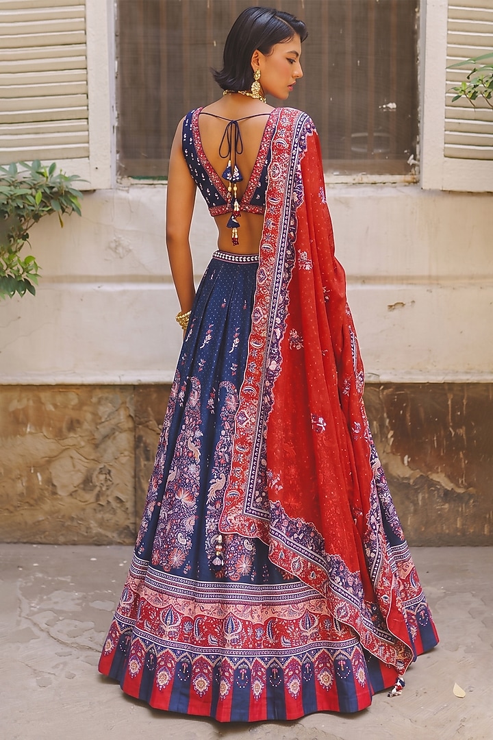 Navy Blue Silk Bandhani Printed Bridal Lehenga Set by Aditi Gupta at Pernia's Pop Up Shop