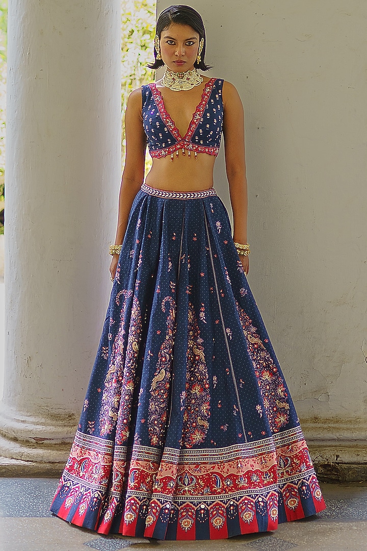 Navy Blue Silk Bandhani Printed Bridal Lehenga Set by Aditi Gupta at Pernia's Pop Up Shop