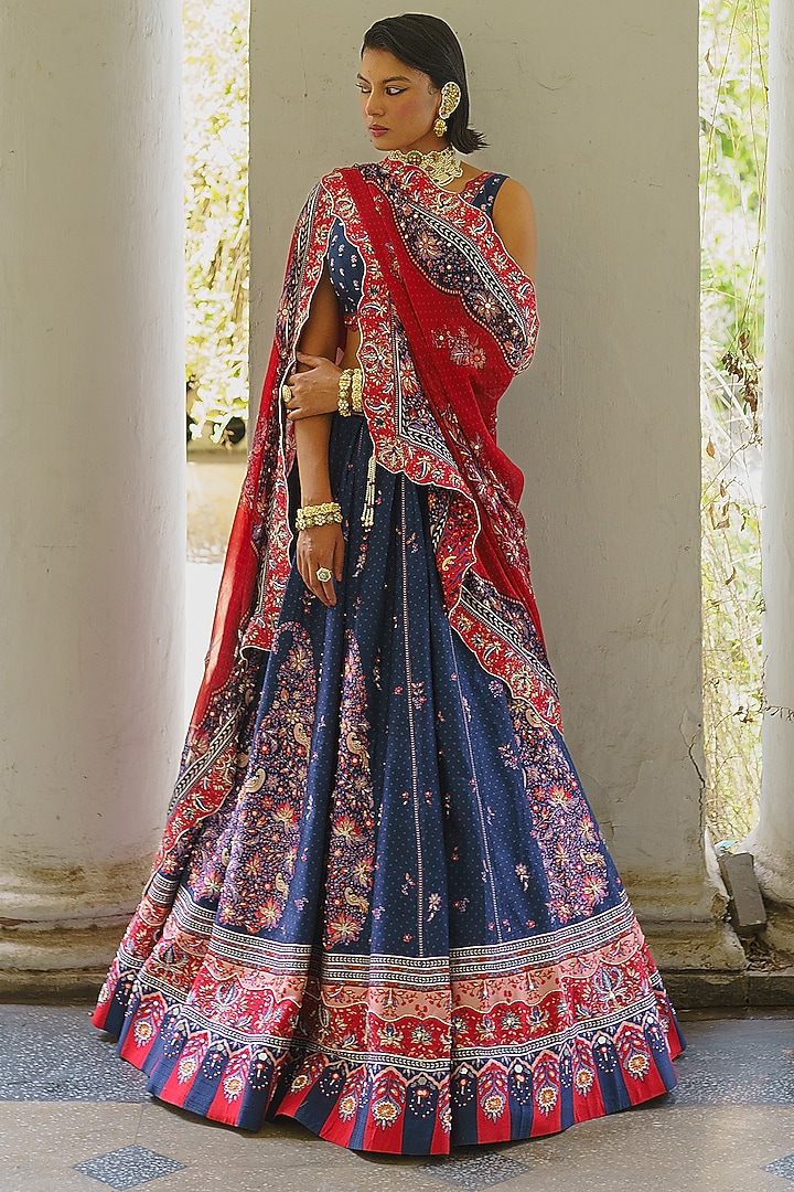 Navy Blue Silk Bandhani Printed Bridal Lehenga Set by Aditi Gupta at Pernia's Pop Up Shop