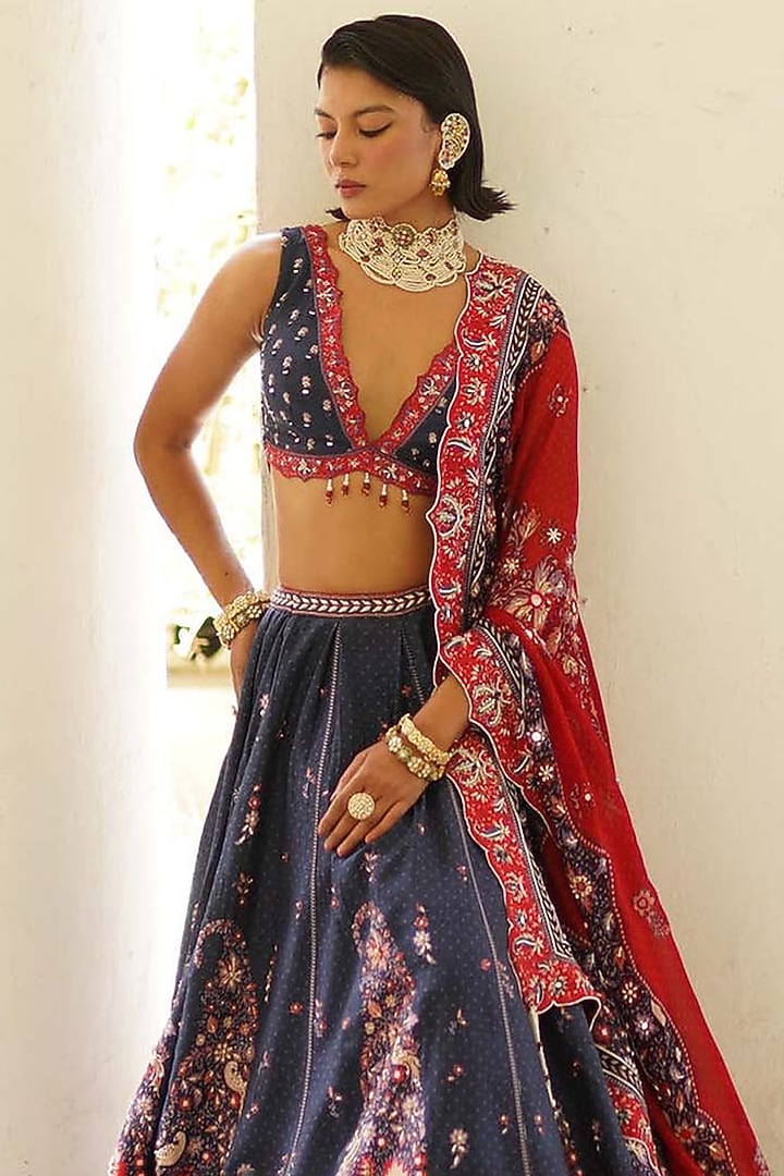 Navy Blue Silk Bandhani Printed Bridal Lehenga Set by Aditi Gupta at Pernia's Pop Up Shop