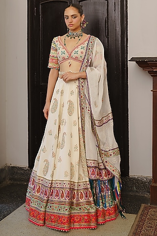 Ivory Silk Paisley Printed Lehenga Set by Aditi Gupta