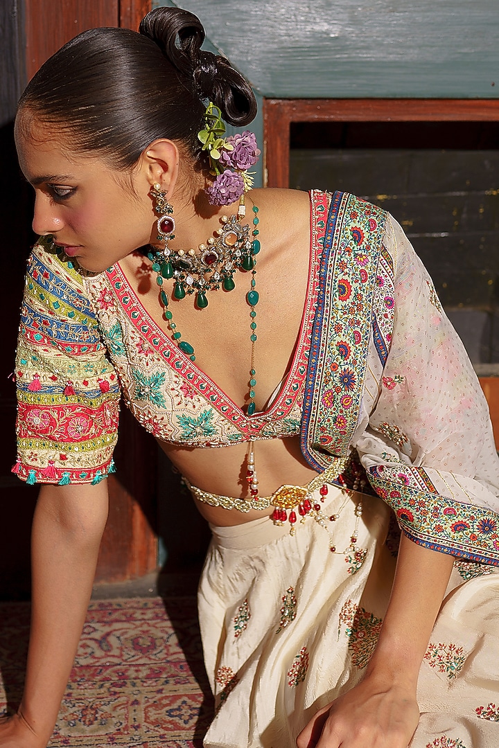 Ivory Silk Paisley Printed Bridal Lehenga Set by Aditi Gupta at Pernia's Pop Up Shop