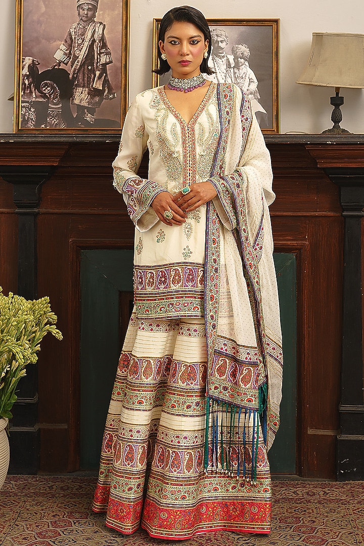 Ivory Georgette & Raw Silk Paisley Printed Bridal Sharara Set by Aditi Gupta at Pernia's Pop Up Shop