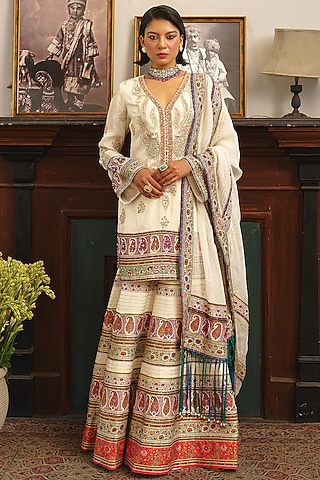 Ivory Georgette & Raw Silk Paisley Printed Sharara Set by Aditi Gupta
