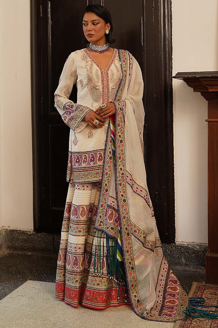 Ivory Georgette & Raw Silk Paisley Printed Bridal Sharara Set by Aditi Gupta at Pernia's Pop Up Shop