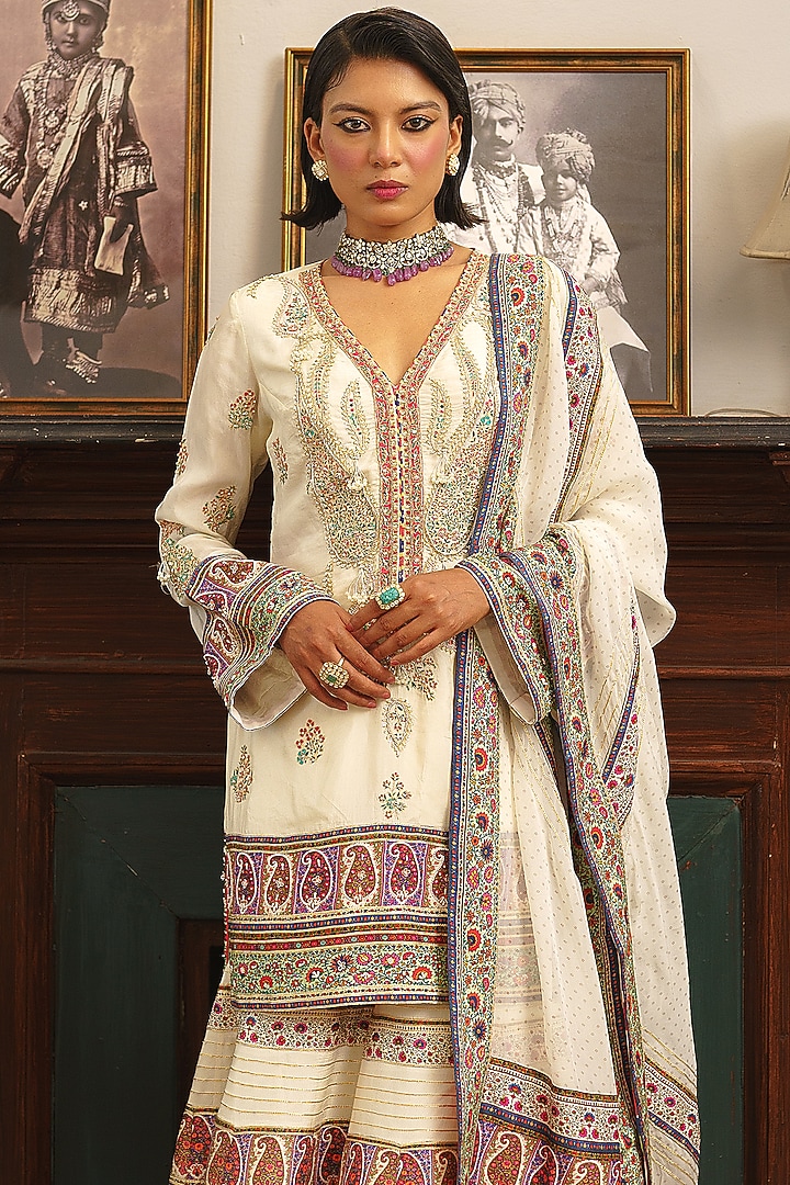 Ivory Georgette & Raw Silk Paisley Printed Bridal Sharara Set by Aditi Gupta at Pernia's Pop Up Shop
