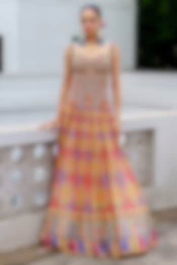 Red & Blue Organza Paisley Printed Wedding Lehenga Set by Aditi Gupta at Pernia's Pop Up Shop