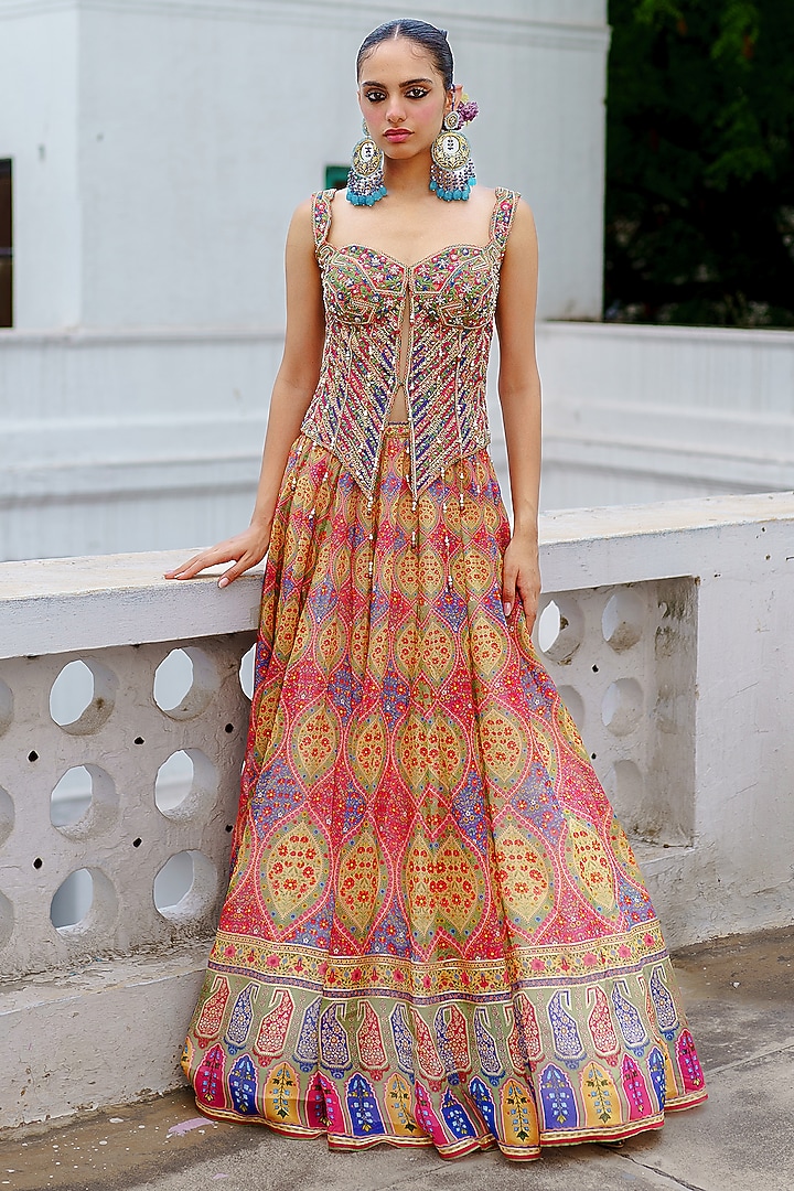 Red & Blue Organza Paisley Printed Wedding Lehenga Set by Aditi Gupta at Pernia's Pop Up Shop