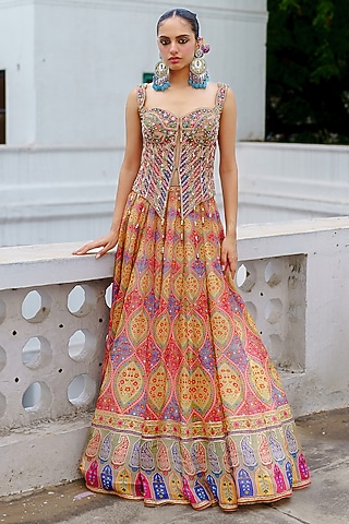 Red & Blue Organza Paisley Printed Lehenga Set by Aditi Gupta
