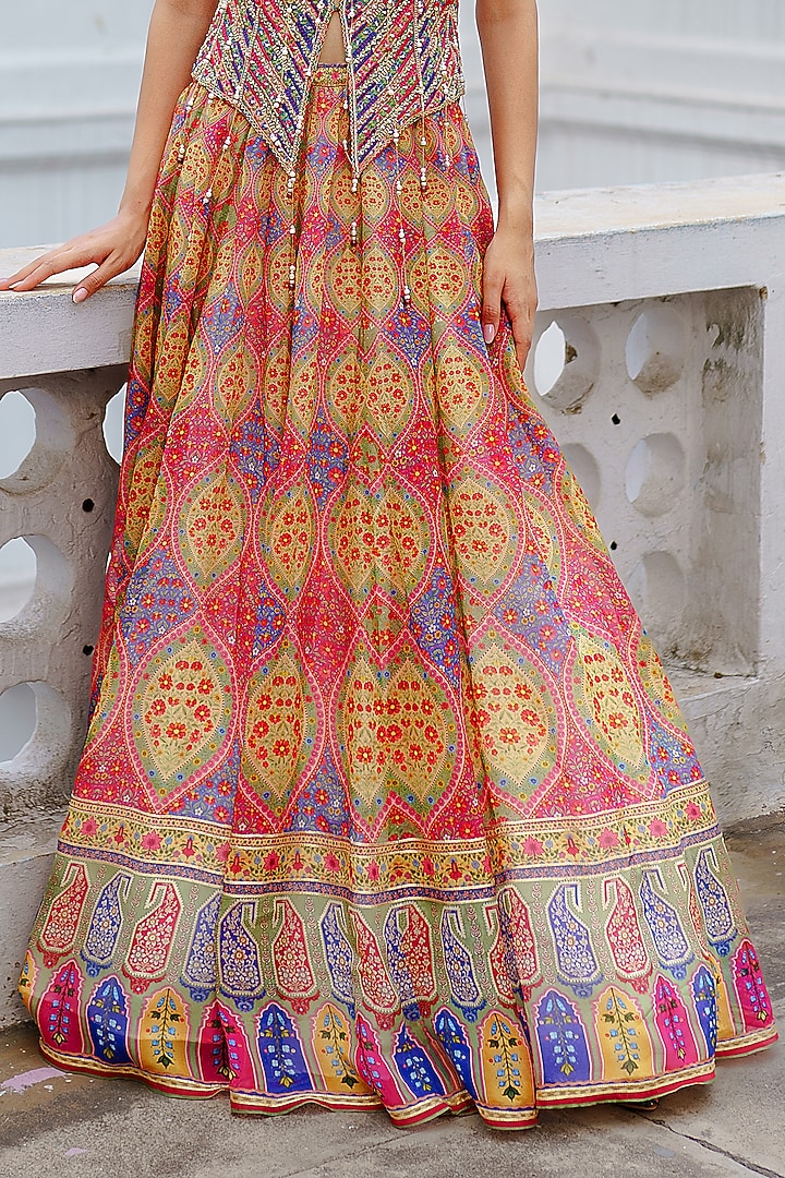 Red & Blue Organza Paisley Printed Wedding Lehenga Set by Aditi Gupta at Pernia's Pop Up Shop