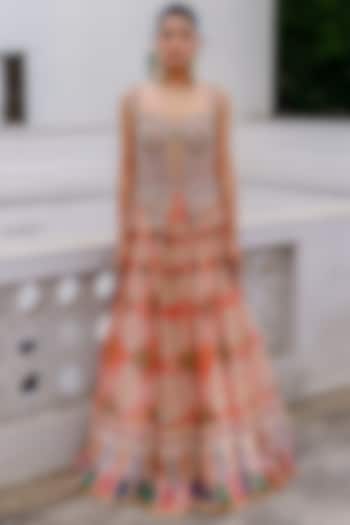Coral & Green Organza Paisley Printed Wedding Lehenga Set by Aditi Gupta at Pernia's Pop Up Shop