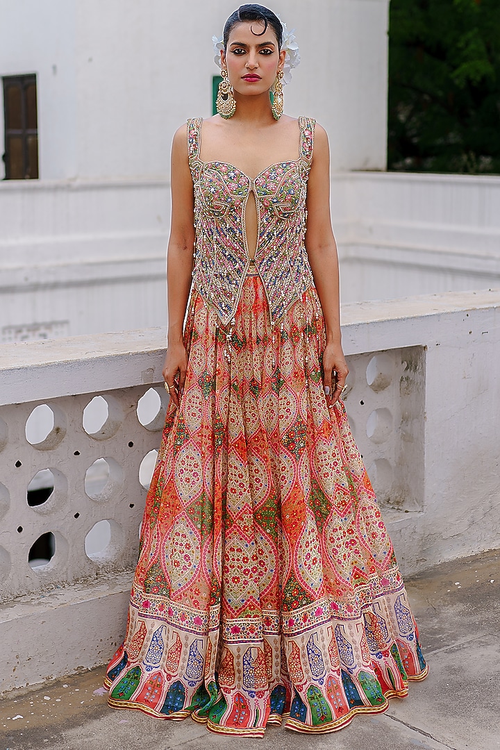 Coral & Green Organza Paisley Printed Wedding Lehenga Set by Aditi Gupta at Pernia's Pop Up Shop