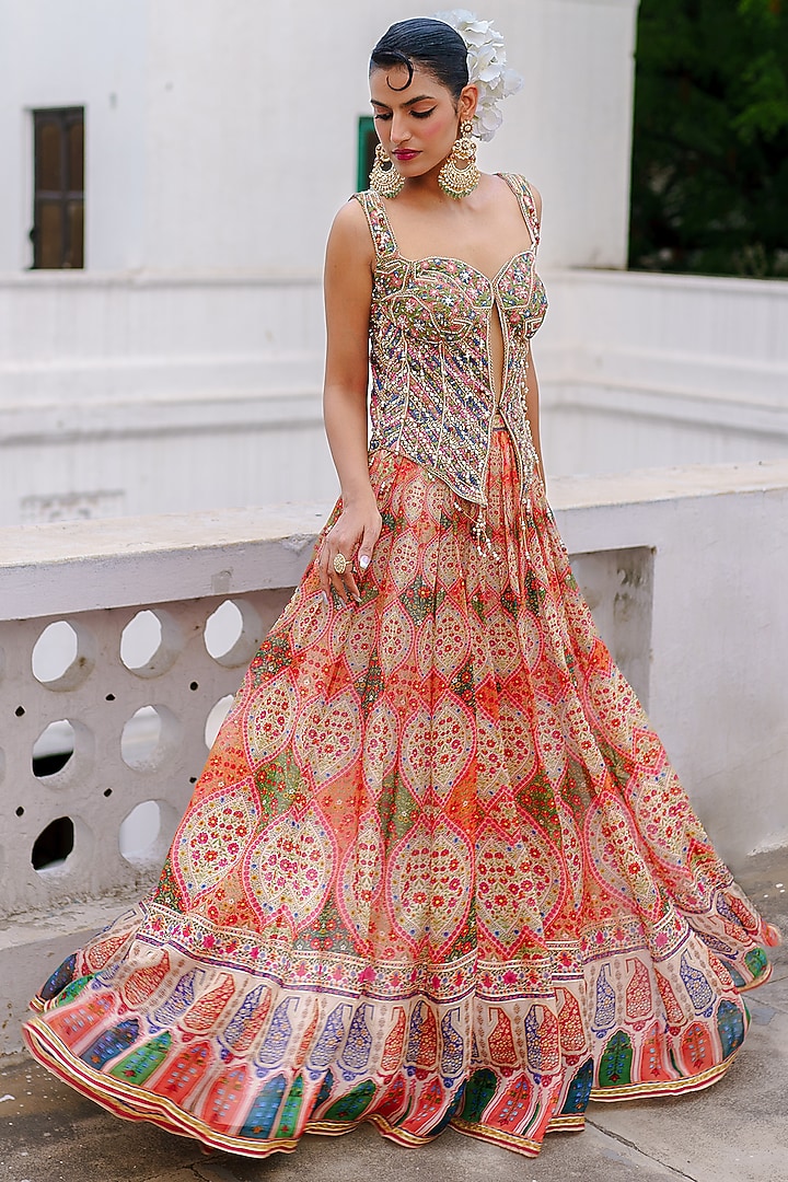 Coral & Green Organza Paisley Printed Wedding Lehenga Set by Aditi Gupta at Pernia's Pop Up Shop