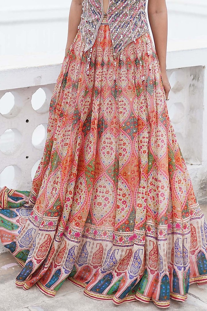 Coral & Green Organza Paisley Printed Wedding Lehenga Set by Aditi Gupta at Pernia's Pop Up Shop