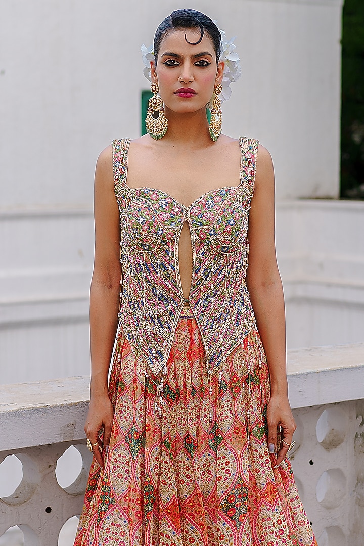 Coral & Green Organza Paisley Printed Wedding Lehenga Set by Aditi Gupta at Pernia's Pop Up Shop