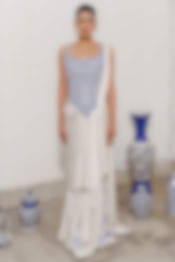 Ivory Satin Draped Wedding Saree Set by Aditi Gupta at Pernia's Pop Up Shop