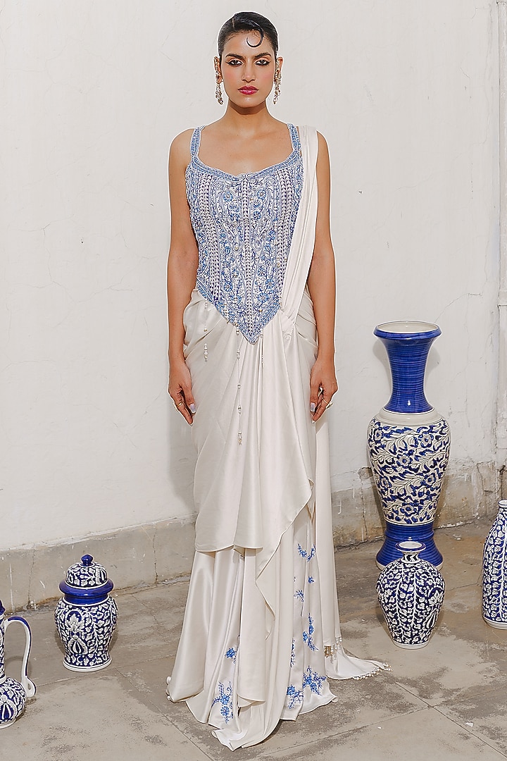 Ivory Satin Draped Wedding Saree Set by Aditi Gupta at Pernia's Pop Up Shop